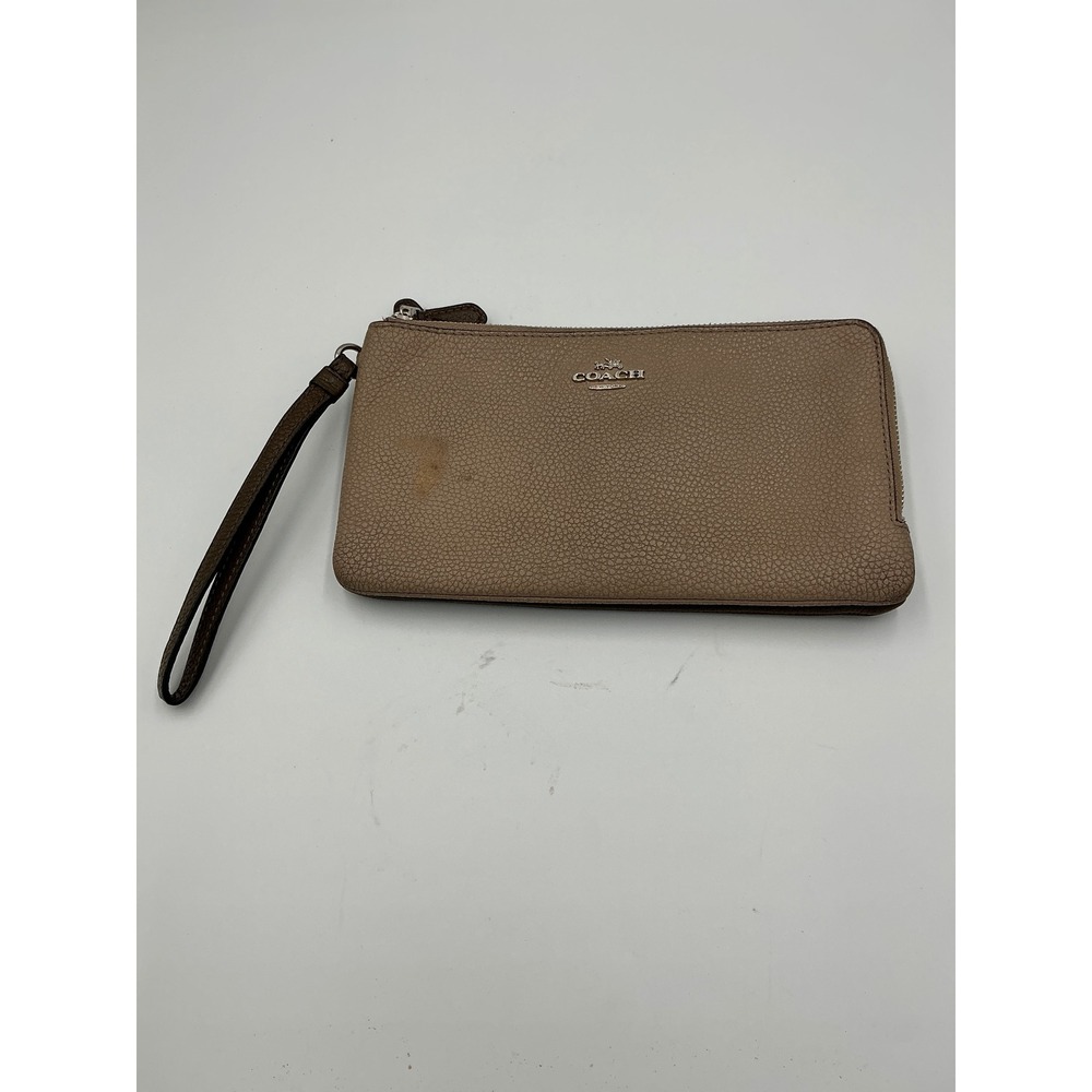 Coach‎ Double Zip Wristlet Taupe Pebbled Leather Wallet 54051